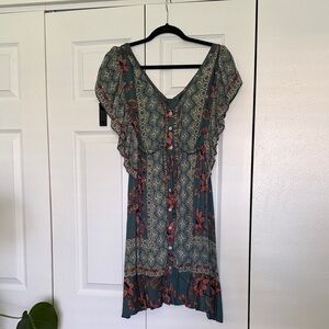 Green Floral BoHo Button-Front Summer Dress